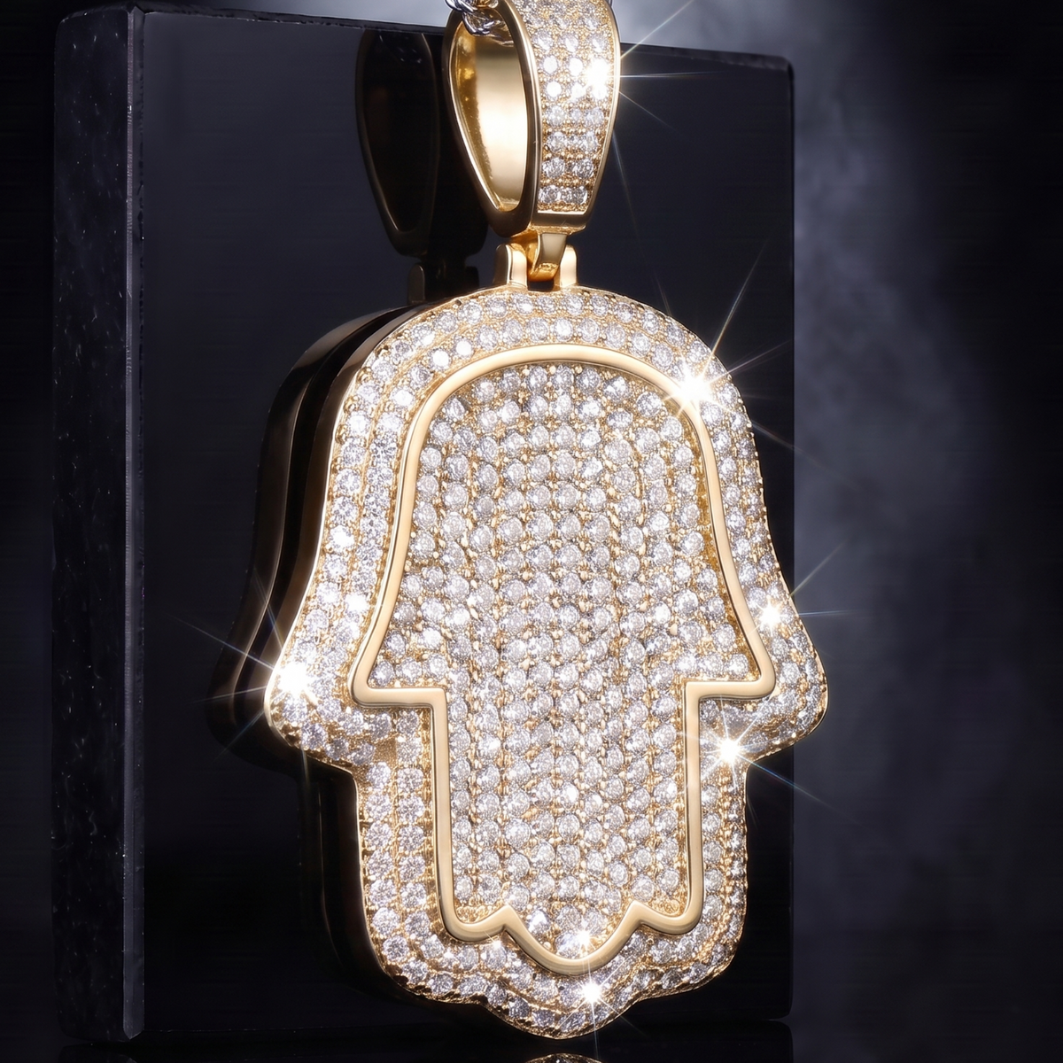 14k Gold Iced Out Hamsa Hand Pendant - Large