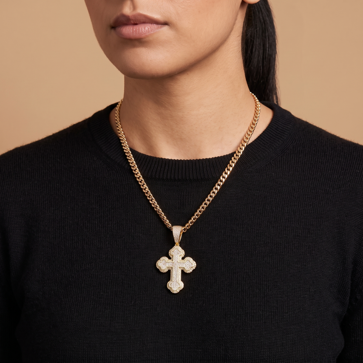 14k Gold Iced Out Budded Cross Pendant