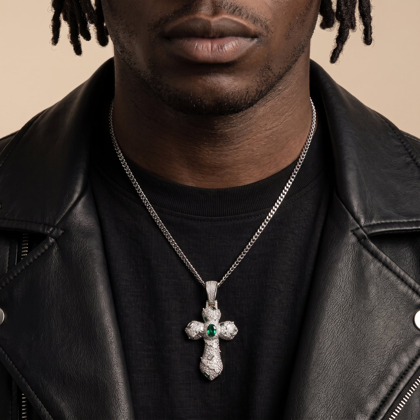 14k White Gold Iced Out Ornate Green Stone Cross