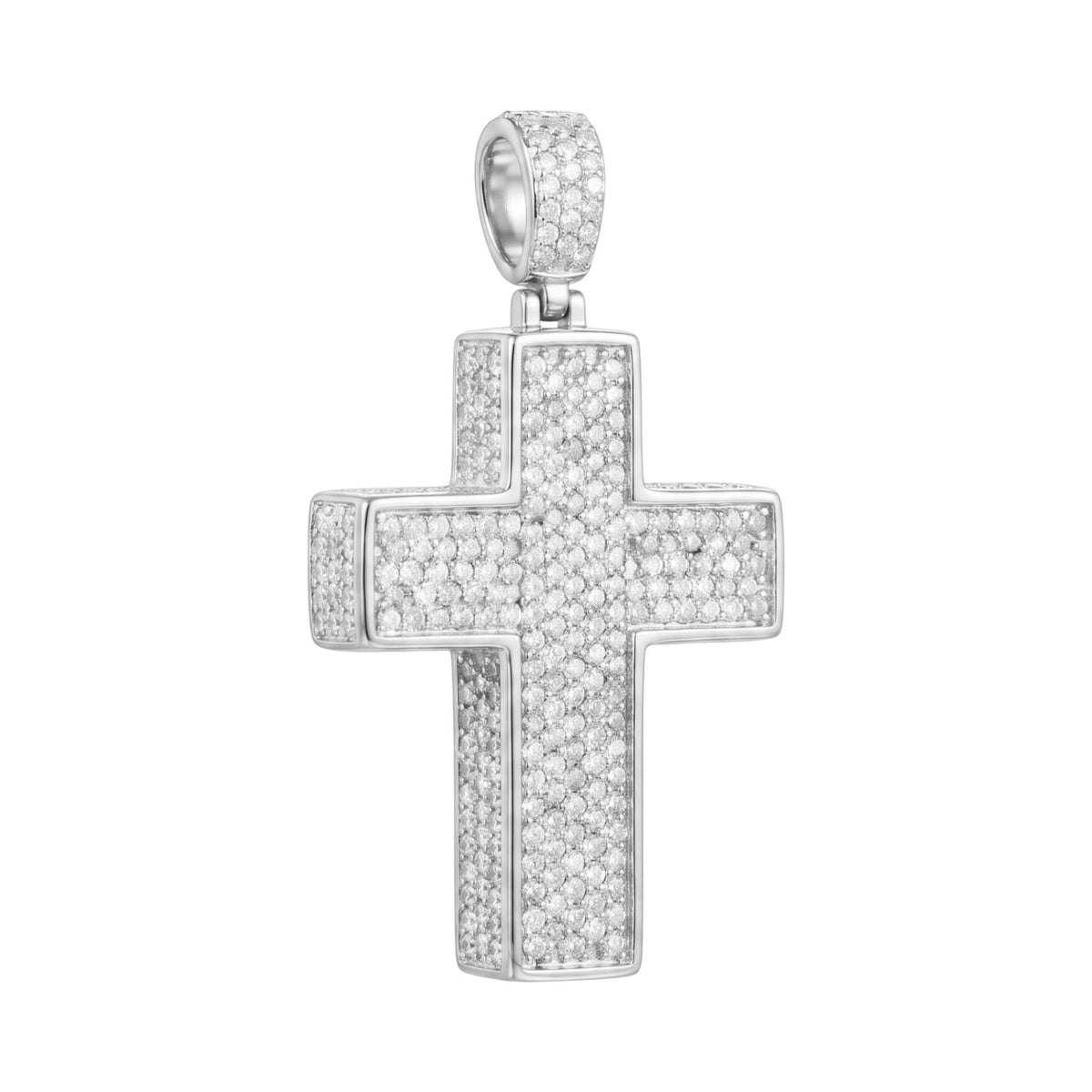 14k White Gold Iced Out 3D Cross Pendant - Medium