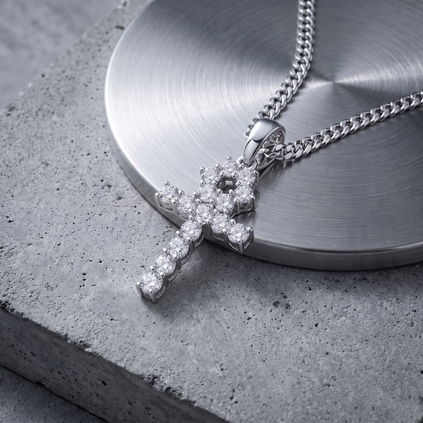 14k White Gold Iced Out Tennis Ankh Cross Pendant