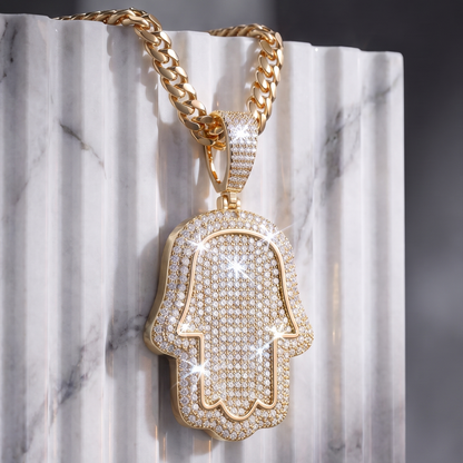 14k Gold Iced Out Hamsa Hand Pendant - Medium