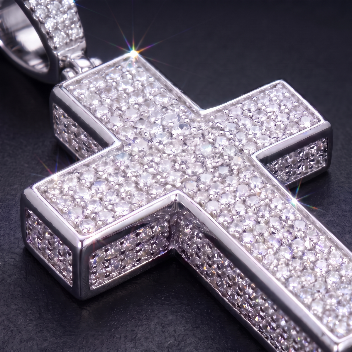 14k White Gold Iced Out 3D Cross Pendant - Medium