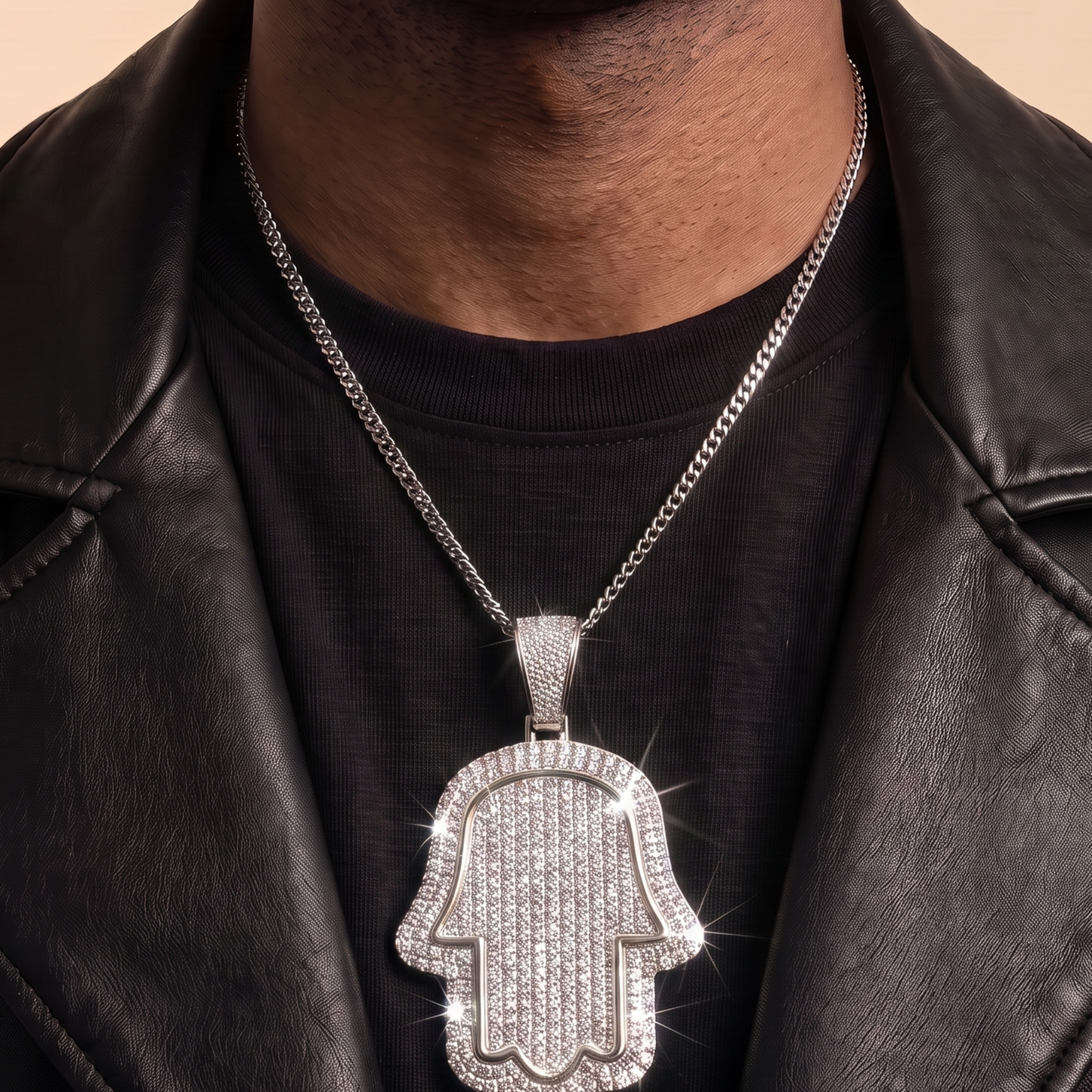 14k White Gold Iced Out Hamsa Hand Pendant - Large