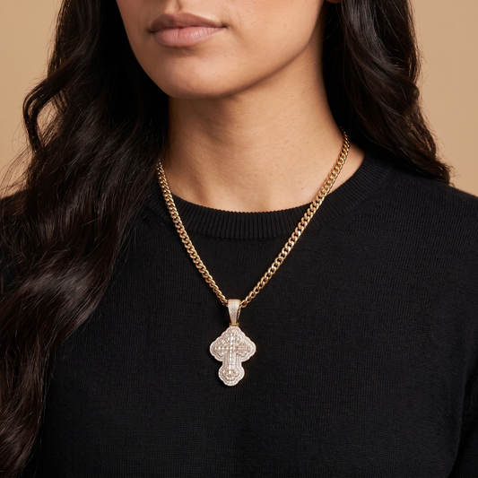 14K Gold Iced Out 3D Iced Baguette Cross - Small