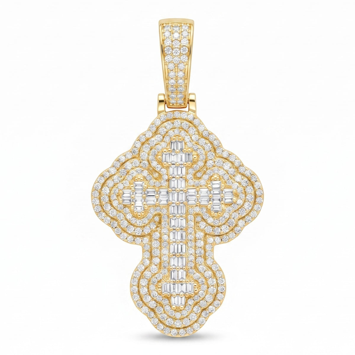 14k Gold Iced Out 3D Iced Baguette Cross - Large