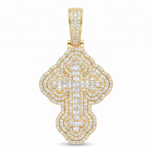 14k Gold Iced Out 3D Iced Baguette Cross - Large