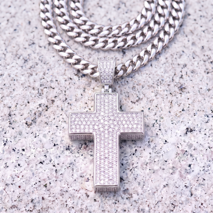 14k White Gold Iced Out 3D Cross Pendant - Large