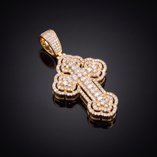 14k Gold Iced Out 3D Iced Baguette Cross - Medium