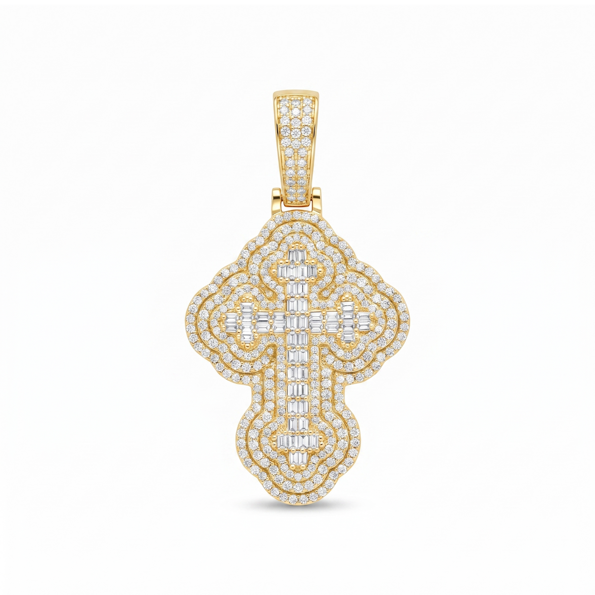 14K Gold Iced Out 3D Iced Baguette Cross - Small