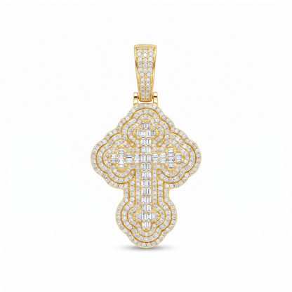 14K Gold Iced Out 3D Iced Baguette Cross - Small