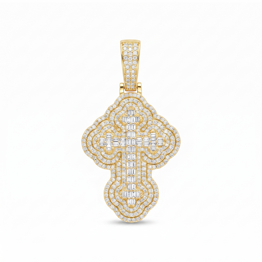 14K Gold Iced Out 3D Iced Baguette Cross - Small