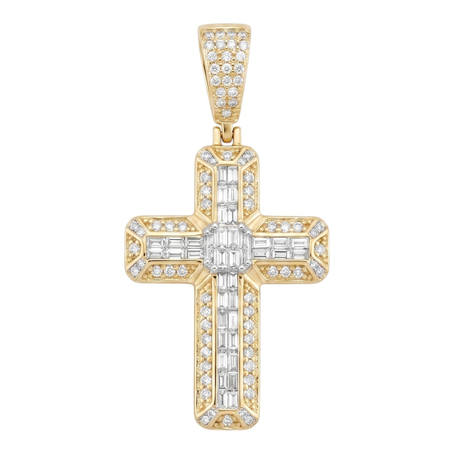 14k Gold Iced Out 3D Baguette Cross - Large