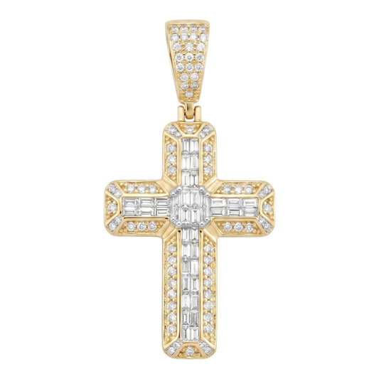 14k Gold Iced Out 3D Baguette Cross - Large