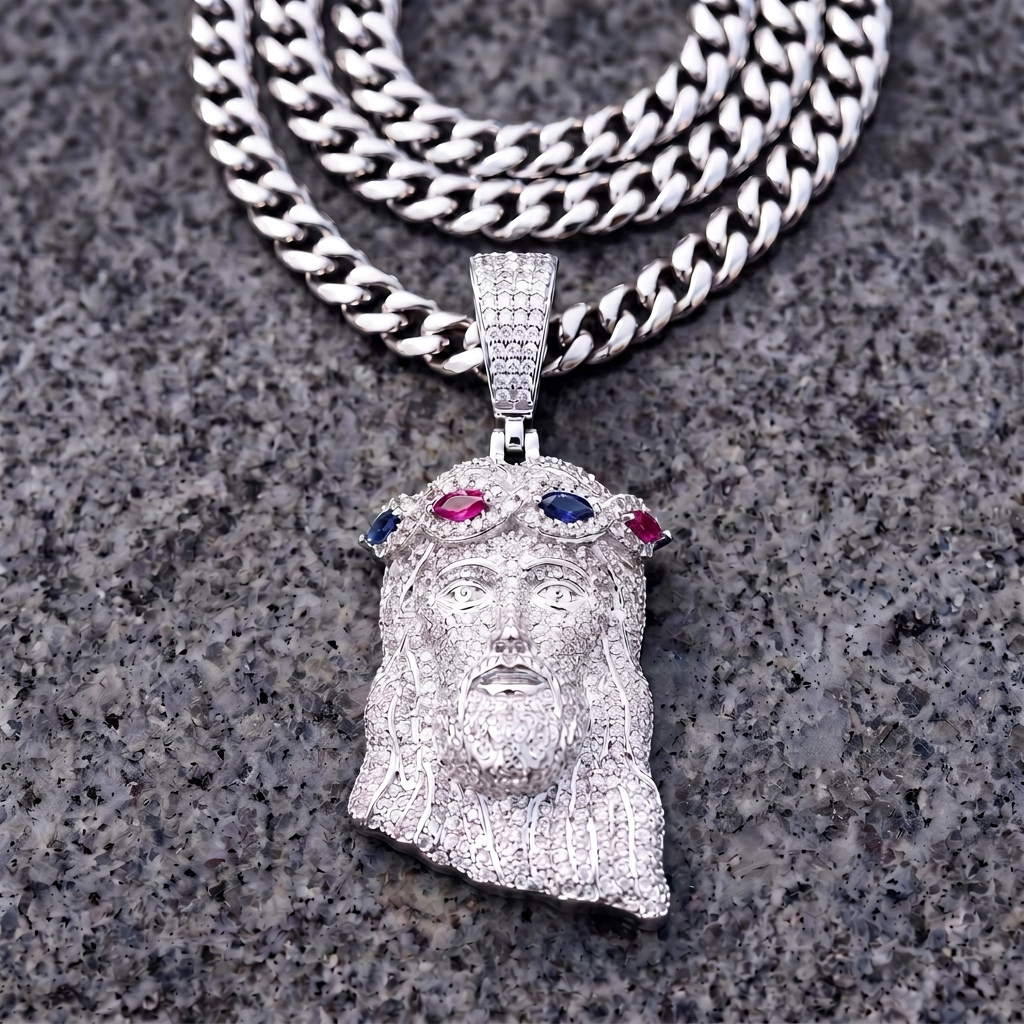14k White Gold Iced Out Multicolor Jesus Crown of Thorns Pendant - Large