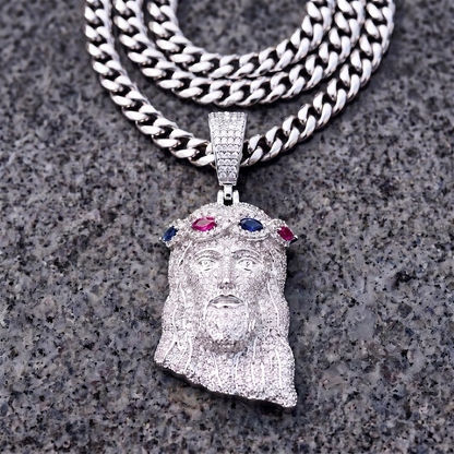 14k White Gold Iced Out Multicolor Jesus Crown of Thorns Pendant - Large