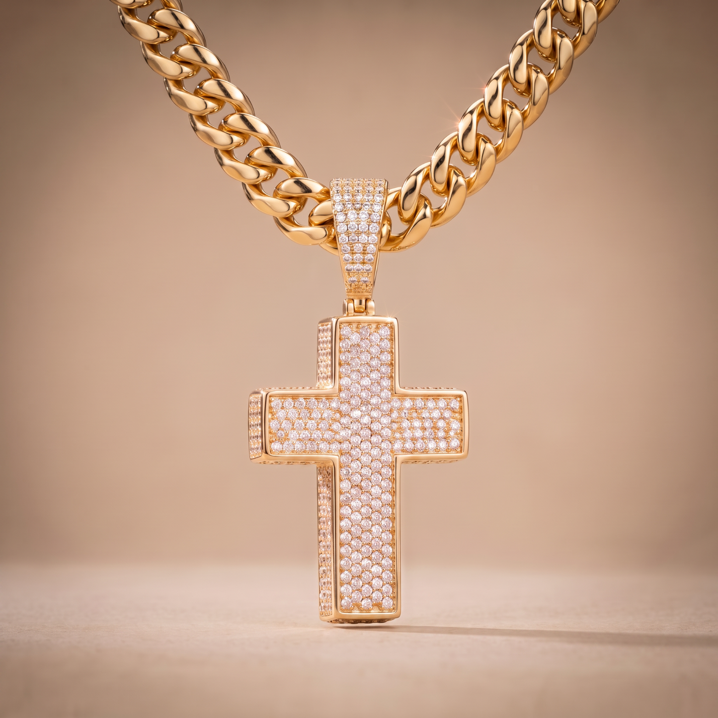 14k Gold Iced Out 3D Cross Pendant - Medium