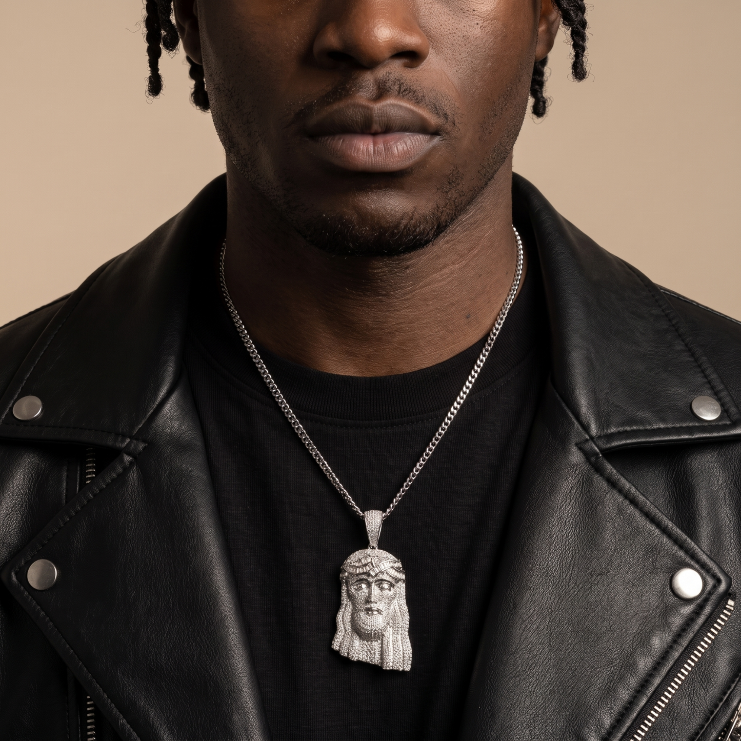 14k White Gold Iced Out Jesus Face Pendant