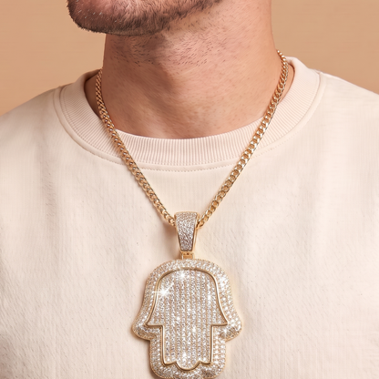 14k Gold Iced Out Hamsa Hand Pendant - Large