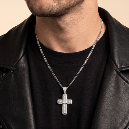 14k White Gold Iced Out 3D Iced Baguette Cross - Small
