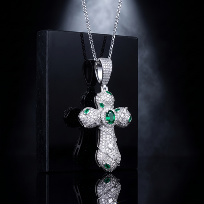 14k White Gold Iced Out Ornate Green Stone Cross