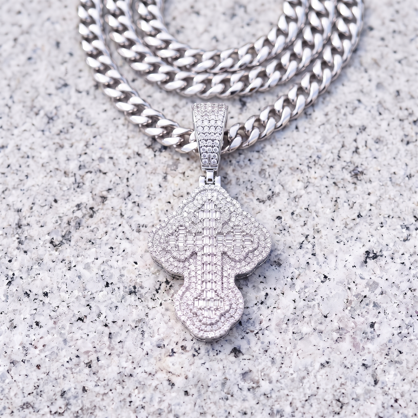 14k White Gold Iced Out 3D Iced Baguette Cross - Large