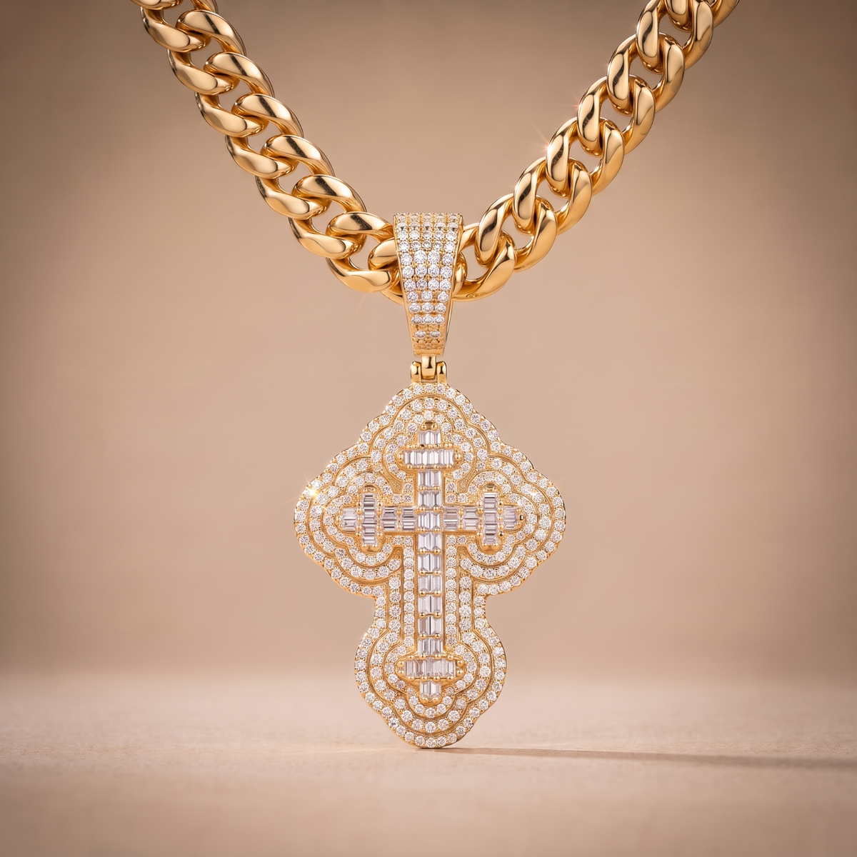 14k Gold Iced Out 3D Iced Baguette Cross - Medium