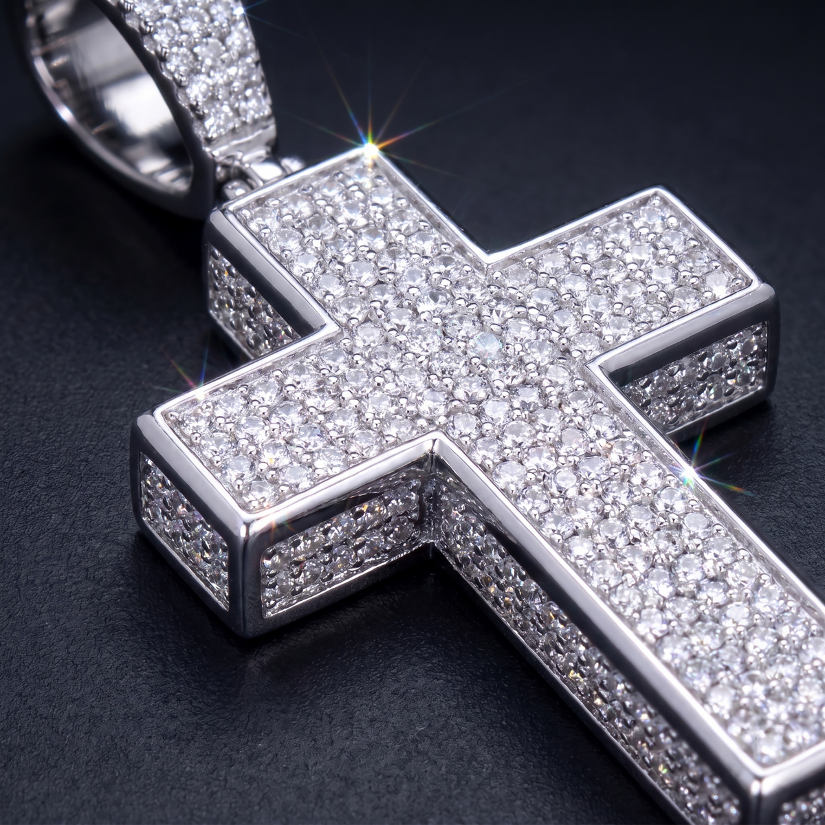 14k White Gold Iced Out 3D Cross Pendant - Small