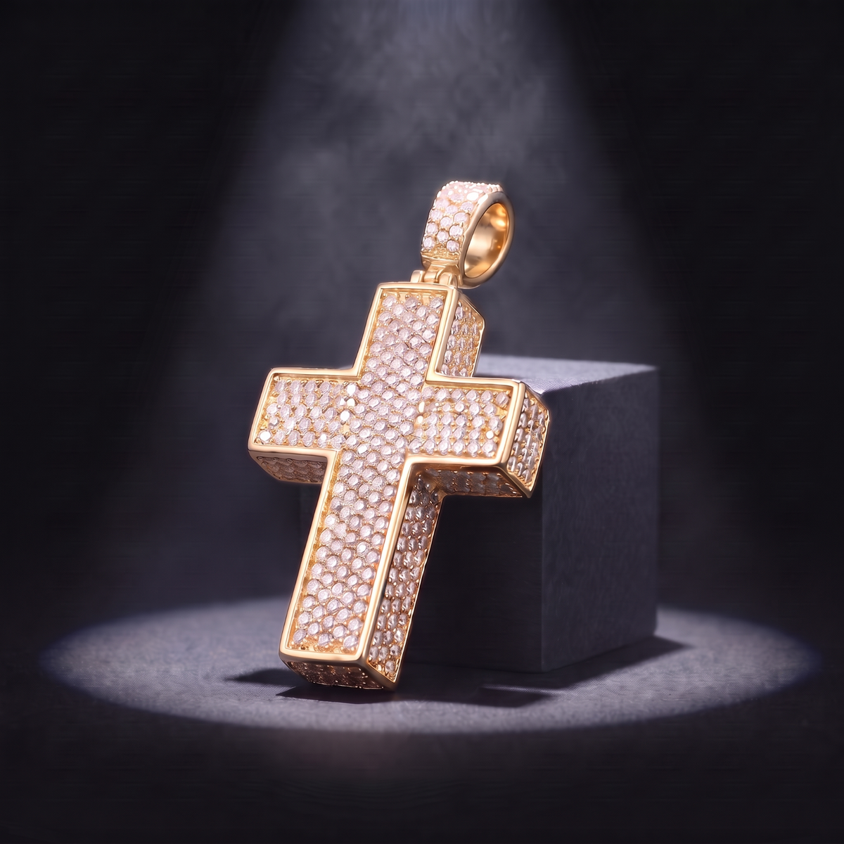 14k Gold Iced Out 3D Cross Pendant - Medium