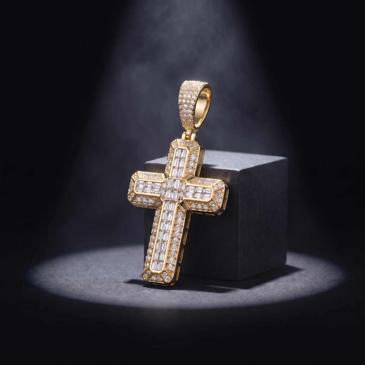 14k Gold Iced Out 3D Iced Baguette Cross - Small