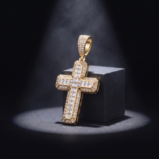 14k Gold Iced Out 3D Iced Baguette Cross - Small