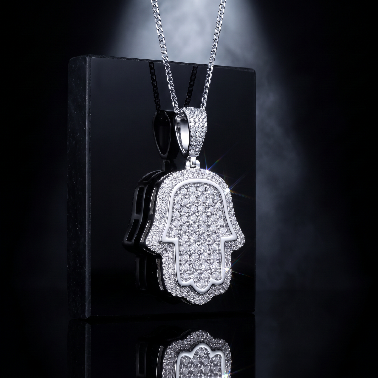14k White Gold Iced Out Hamsa Hand Pendant - Small