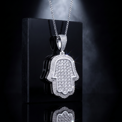 14k White Gold Iced Out Hamsa Hand Pendant - Small