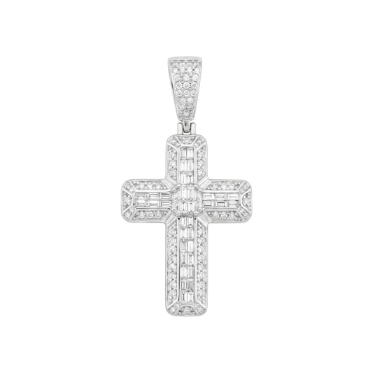 14k White Gold Iced Out 3D Baguette Cross - Medium