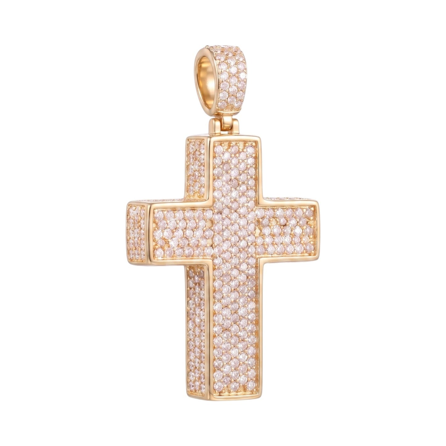 14k Gold Iced Out 3D Cross Pendant - Medium