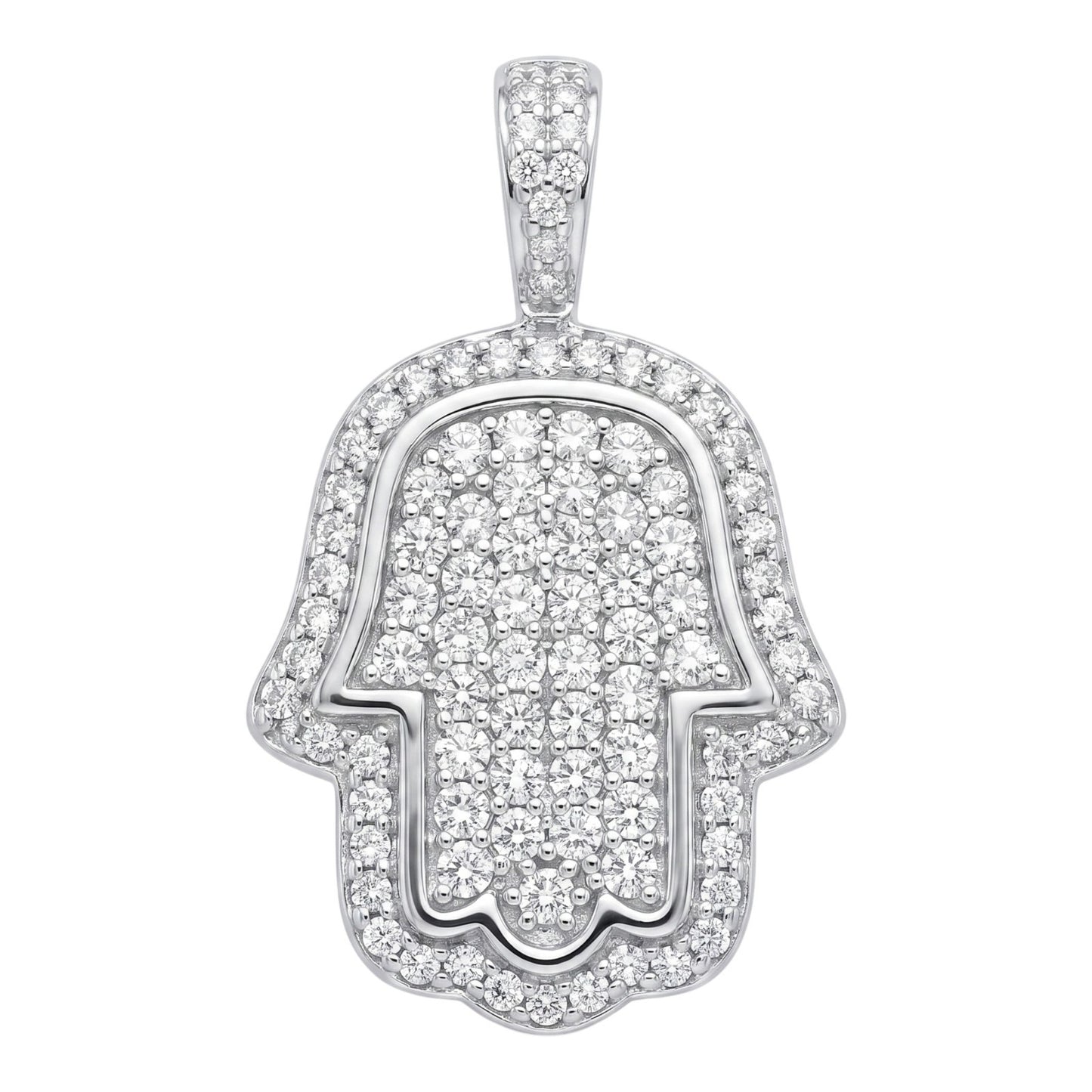 14k White Gold Iced Out Hamsa Hand Pendant - Large