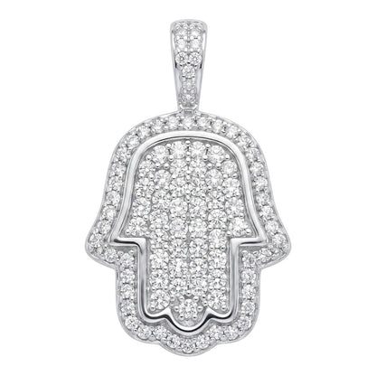 14k White Gold Iced Out Hamsa Hand Pendant - Large