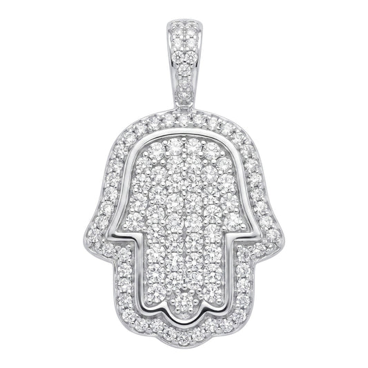 14k White Gold Iced Out Hamsa Hand Pendant - Large