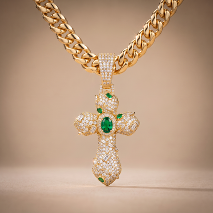 14k Gold Iced Out Ornate Green Stone Cross