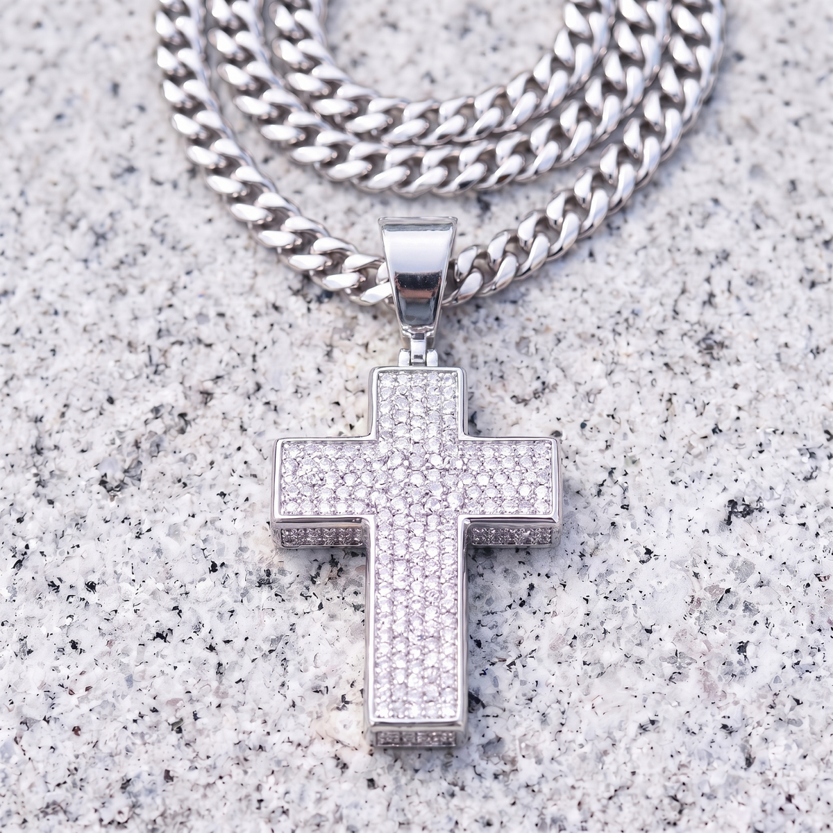 14k White Gold Iced Out 3D Cross Pendant - Medium