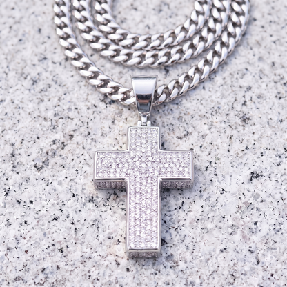 14k White Gold Iced Out 3D Cross Pendant - Medium