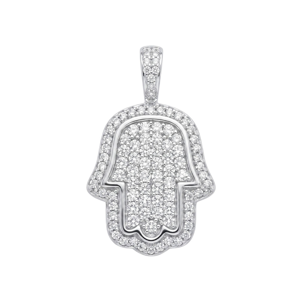 14k White Gold Iced Out Hamsa Hand Pendant - Small