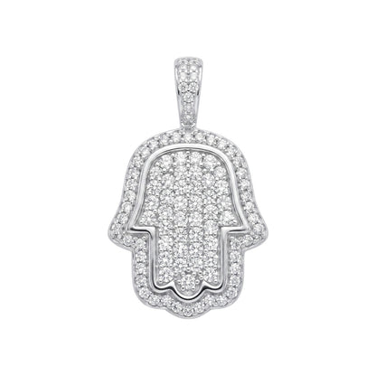 14k White Gold Iced Out Hamsa Hand Pendant - Small