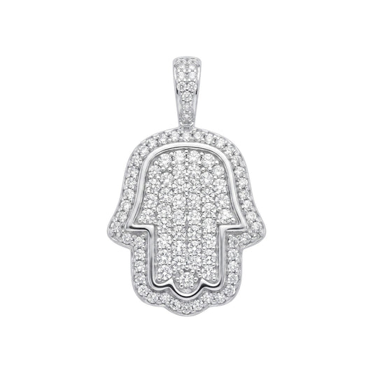 14k White Gold Iced Out Hamsa Hand Pendant - Small