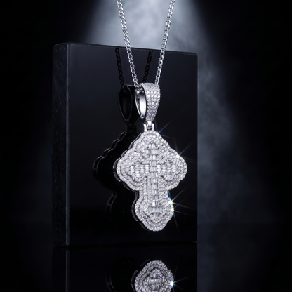 14k White Gold Iced Out 3D Iced Baguette Cross - Small