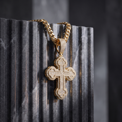 14k Gold Iced Out Budded Cross Pendant