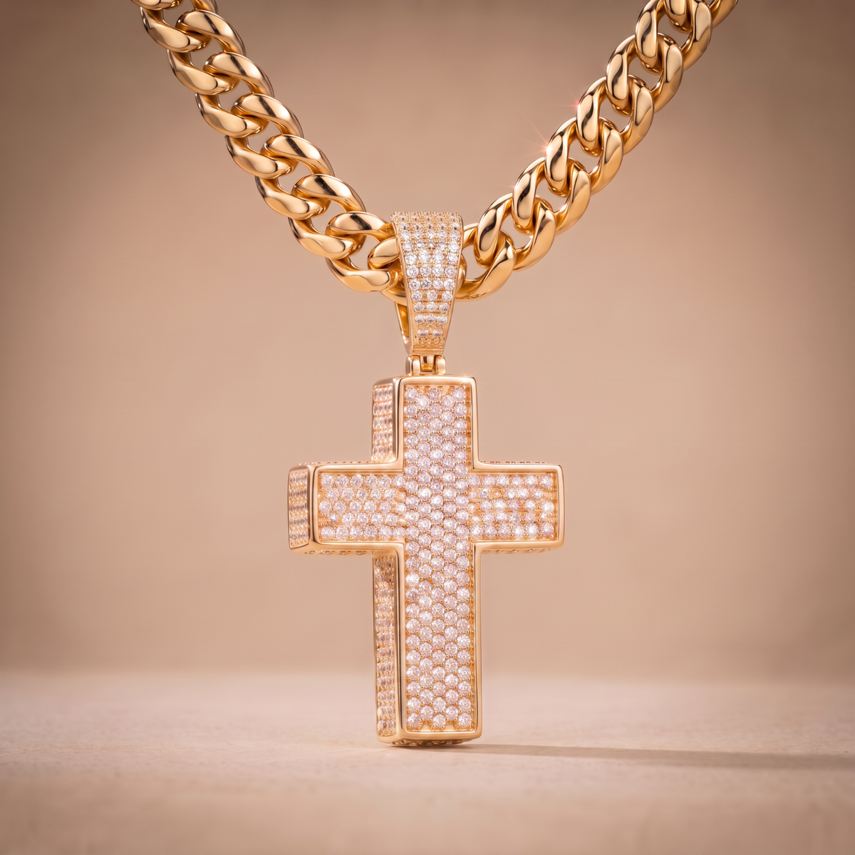 14k Gold Iced Out 3D Cross Pendant - Large