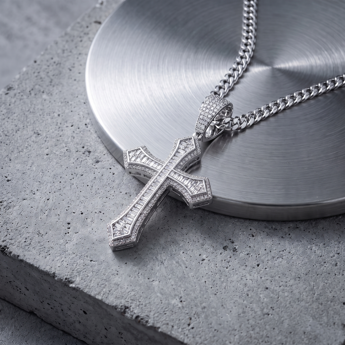 14k White Gold Iced Out Baguette Cross Pendant
