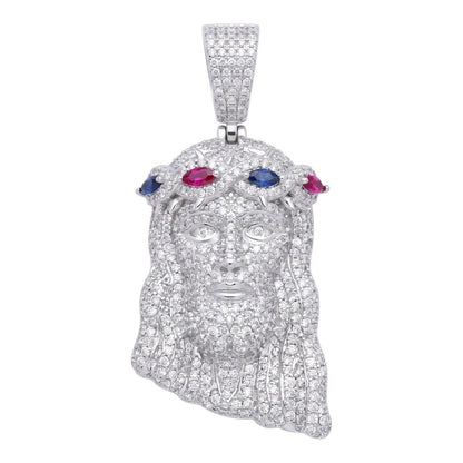 14k White Gold Iced Out Multicolor Jesus Crown of Thorns Pendant - Large
