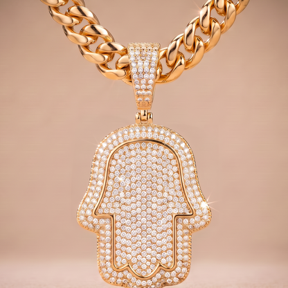 14k Gold Iced Out Hamsa Hand Pendant - Large